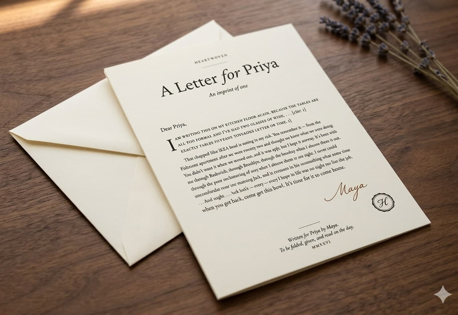 Heartwoven Digital — designed letter and envelope on walnut desk