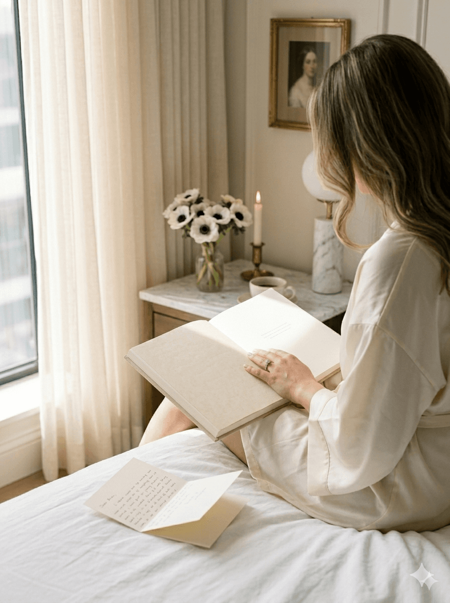 A bride in a cream silk robe sitting at the edge of a hotel bed reading an open Heartwoven hardcover book, soft morning window light